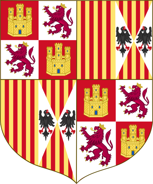 Arms of Trastámara: Quarterly: first and fourth, quarterly Castile and León; second and third, per pale Aragon (or, four pallets gules) and Aragon-Sicily (paly Aragon between argent flanks charged with eagles sable).